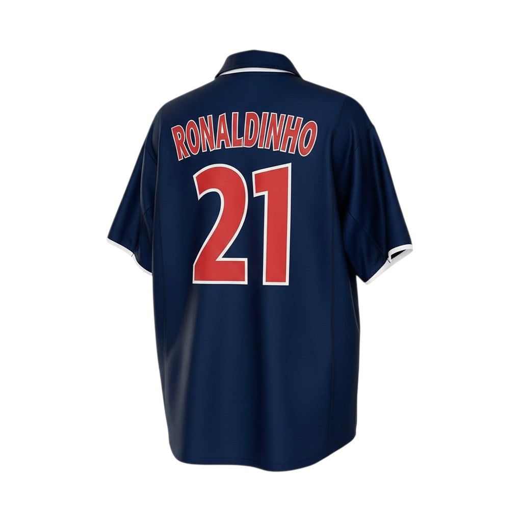 Hinchas Sportswear Store navy blue Paris Saint-Germain 2001/02 home jersey with red #21 Ronaldinho on back.