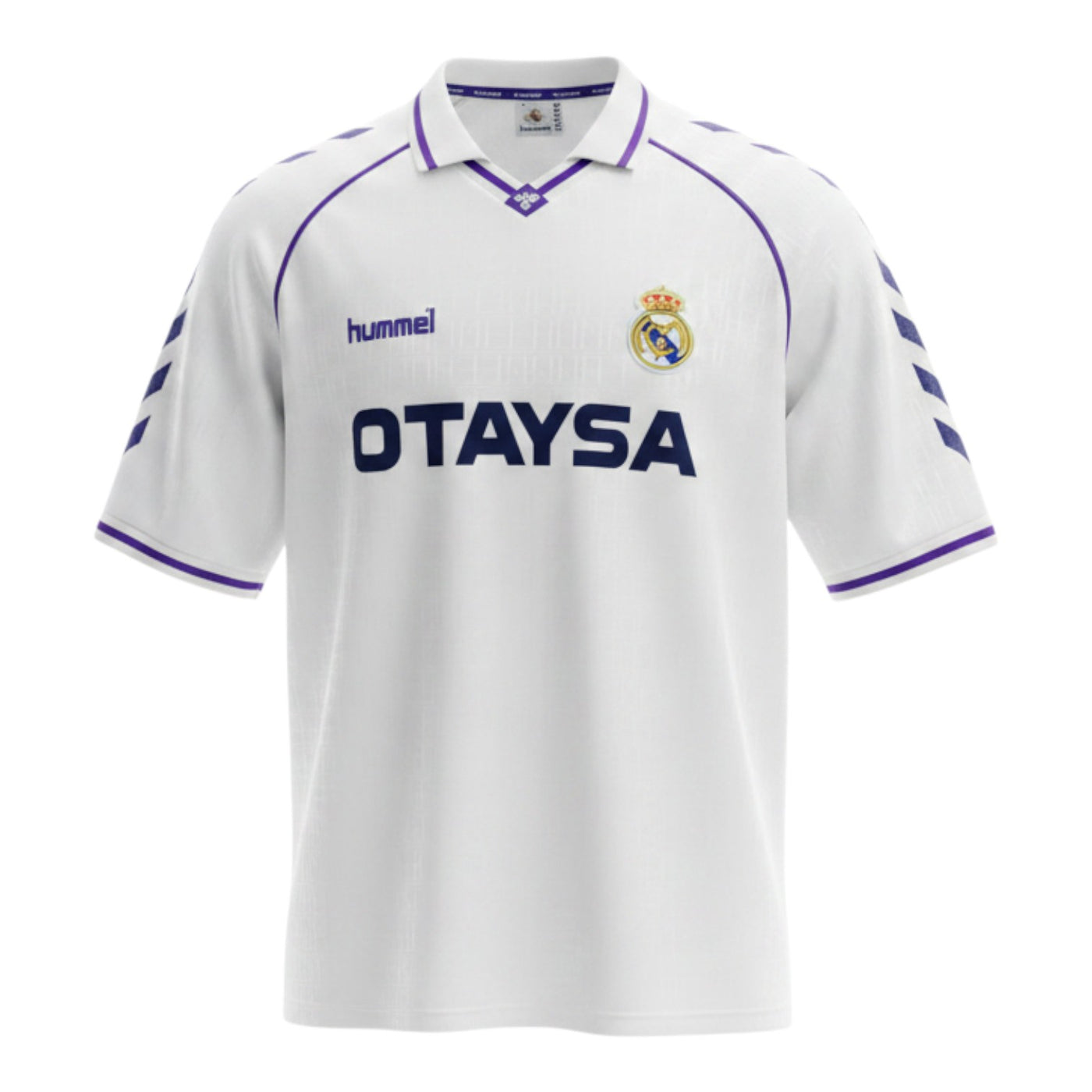 Hinchas Sportswear Store white Real Madrid 1990-91 retro jersey with purple V-neck, shoulder chevrons, and Otaysa sponsor.