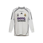 Hinchas Sportswear Store Real Madrid 2006-07 long sleeve retro home jersey, white with grey and black accents, BenQ Siemens sponsor, Adidas branding, and Champions League badge.