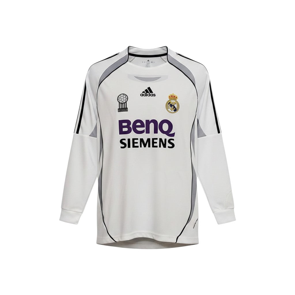 Hinchas Sportswear Store Real Madrid 2006-07 long sleeve retro home jersey, white with grey and black accents, BenQ Siemens sponsor, Adidas branding, and Champions League badge.