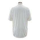 Hinchas Sportswear Store white Adidas Real Madrid 2009-10 retro jersey with gold piping and black stripes.