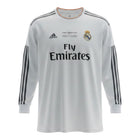 Hinchas Sportswear Store white long sleeve Real Madrid 2013-14 UCL Final jersey with dark grey Adidas stripes, orange trim, and special Lisbon 2014 badge.