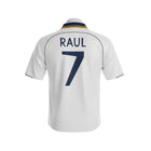 Hinchas Sportswear Store white retro Real Madrid jersey with navy blue trim and 'RAUL 7' on the back.