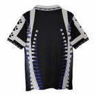 Hinchas Sportswear Store Real Madrid 1996-97 retro away jersey. Black with white and purple geometric patterns, short sleeves, polo collar.