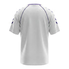 Hinchas Sportswear Store white Real Madrid 1990-91 retro jersey with purple V-neck collar, shoulder chevrons, and embossed Hummel text pattern.
