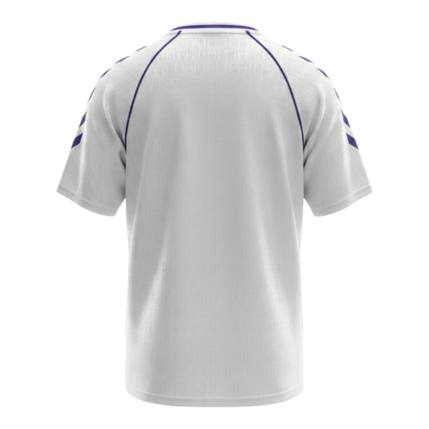Hinchas Sportswear Store white Real Madrid 1990-91 retro jersey with purple V-neck collar, shoulder chevrons, and embossed Hummel text pattern.