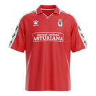 Hinchas Sportswear Store Real Oviedo 1991/92 retro red jersey with white sleeves featuring black paw prints and Central Lechera Asturiana sponsor.