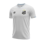 Hinchas Sportswear Store white Santos FC home jersey with Umbro logo and embroidered crest. Features a V-neck and textured collar.
