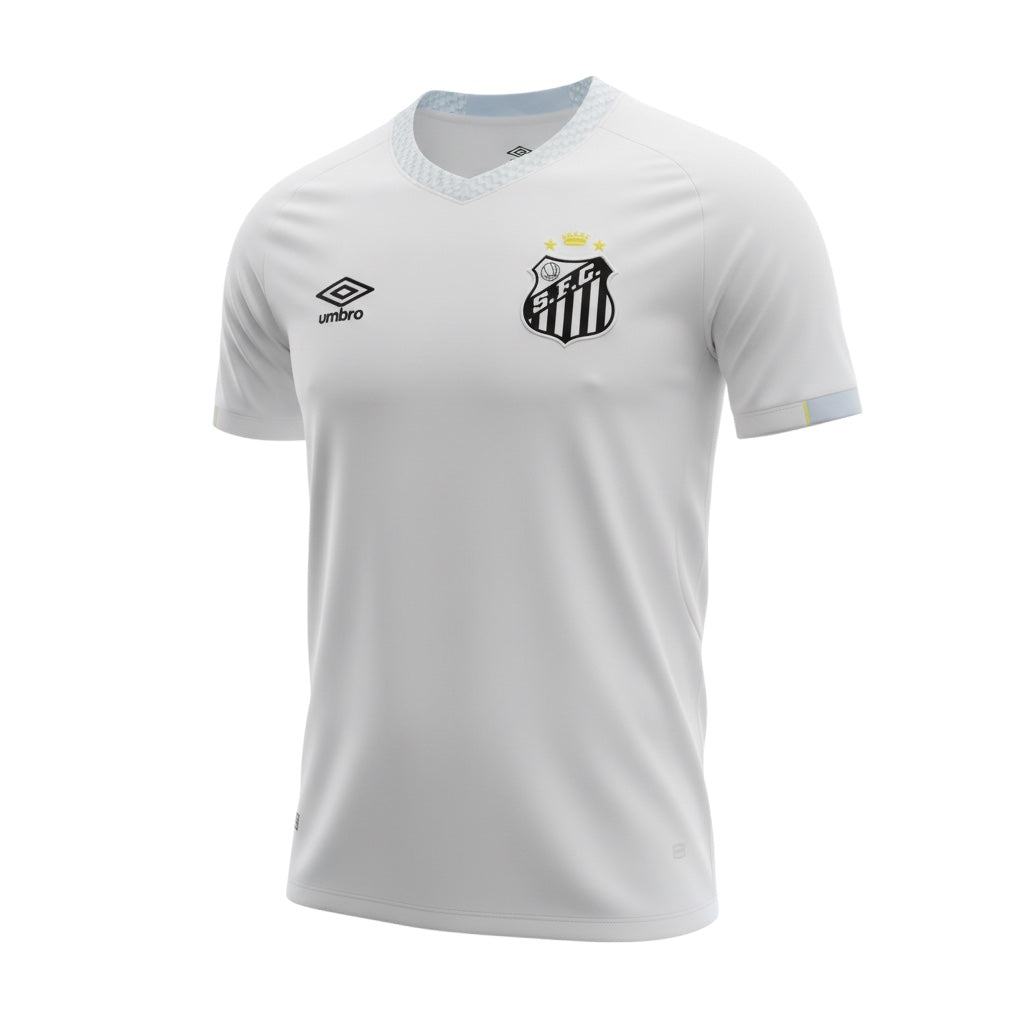 Hinchas Sportswear Store white Santos FC home jersey with Umbro logo and embroidered crest. Features a V-neck and textured collar.