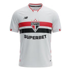 Hinchas Sportswear Store São Paulo FC 2025/26 home jersey. White with red and black horizontal stripes and red side stripes. Features embroidered crest and Superbet sponsor.