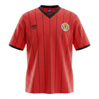 Hinchas Sportswear Store Scotland 1982 retro away jersey, red with black pinstripes, black V-neck, and SFA crest.