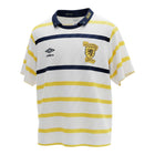 Hinchas Sportswear Store Scotland 1988 away jersey: white with yellow and navy stripes, navy collar, gold SFA crest.