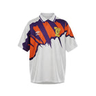 Hinchas Sportswear Store Scotland 1991 Away Jersey: white with abstract purple and orange jagged panels, polo collar, Umbro logo, SFA crest.