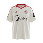 Hinchas Sportswear Store Sevilla FC 2025/26 retro home jersey, off-white with red collar and stripes, Adidas logo, Midea sponsor.