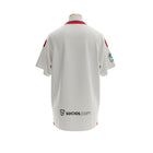 Hinchas Sportswear Store Sevilla FC 2025/26 retro home jersey, off-white with red collar and shoulder stripes, featuring sponsors.