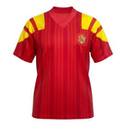 Hinchas Sportswear Store Spain 1992-94 retro red jersey with yellow shoulder panels and vertical pinstripe jacquard pattern.
