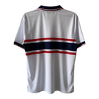Hinchas Sportswear Store USA 1998 retro soccer jersey, white with navy and red horizontal stripes on chest and cuffs, navy polo collar.