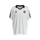 Hinchas Sportswear Store white Adidas West Germany 1980 retro football jersey with black V-neck collar, three stripes, and DFB crest.