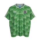 Hinchas Sportswear Store West Germany retro green Adidas Originals 1988 football jersey with geometric pattern and DFB crest.