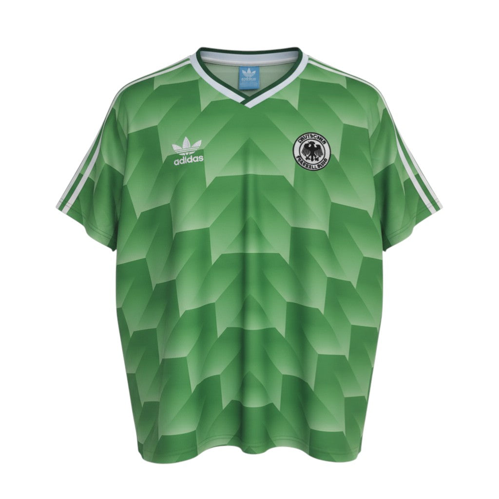 Hinchas Sportswear Store West Germany retro green Adidas Originals 1988 football jersey with geometric pattern and DFB crest.