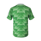 Hinchas Sportswear Store West Germany retro green Adidas Originals 1988 football jersey with geometric pattern and white stripes.