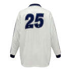 Hinchas Sportswear Store white long sleeve retro jersey with navy blue number 25 on back and Adidas stripes.