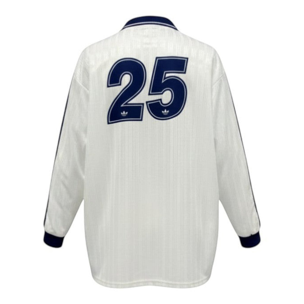 Hinchas Sportswear Store white long sleeve retro jersey with navy blue number 25 on back and Adidas stripes.