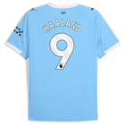 Manchester City Erling Haaland Home Jersey 2025/26 (Premier League) – blue and striped retro football jersey front view