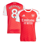 Arsenal Home Kit Ødegaard #8 2025/26 (Premier League) – red and geometric retro football jersey detail view