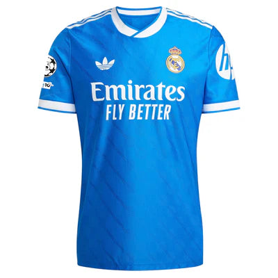 Real Madrid Mbappe 3rd Kit 2025/26 (Champions League) – white and blue and geometric retro football jersey back view