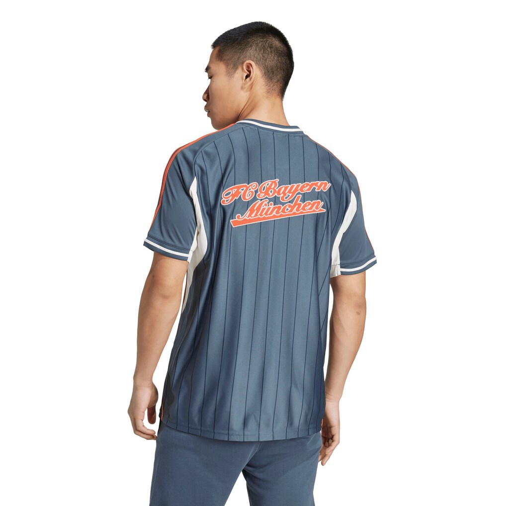 Bayern Munich Adidas Baseball Jersey – striped and navy and white retro football jersey back view